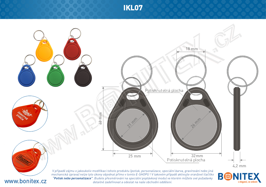 ABS klíčenka 40x32, tl. 4,2mm s RFID 13,56 MHz, šedá-botinex