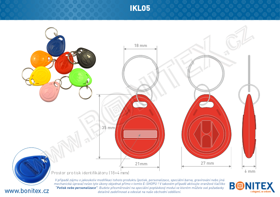 ABS klíčenka 35x28, tl. 6mm s RFID 13,56 MHz, červená-botinex