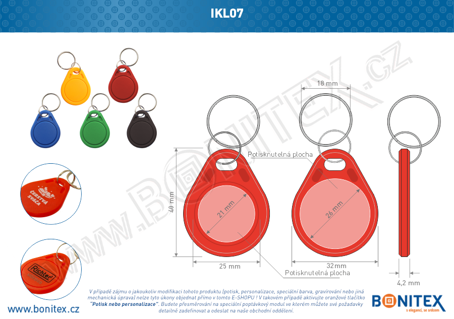 ABS klíčenka 40x32, tl. 4,2mm s RFID 125 kHz, červená-botinex