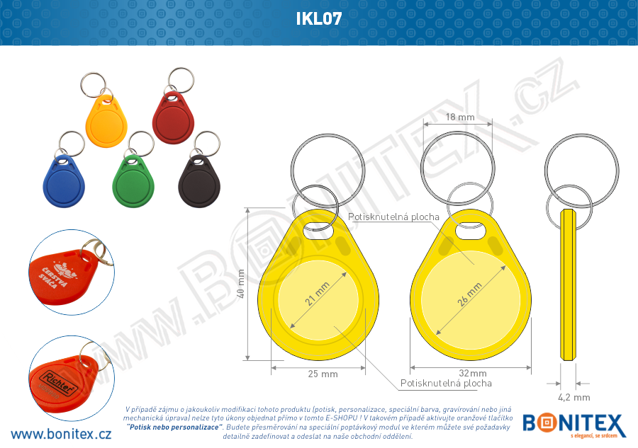 ABS klíčenka 40x32, tl. 4,2mm s RFID 125 kHz, žlutá-botinex