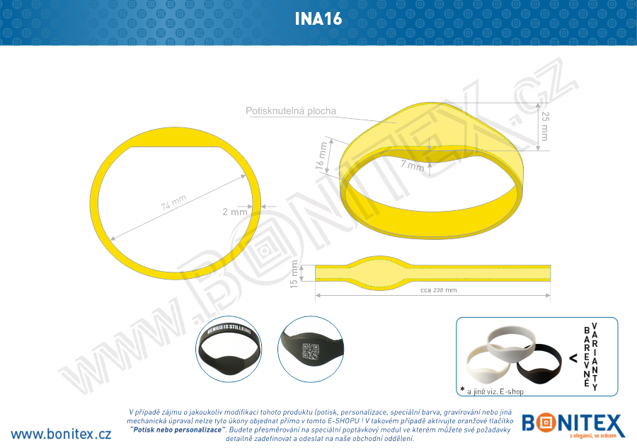 Silikonový náramek, průměr 74mm s RFID 13,56 MHz, žlutý-botinex