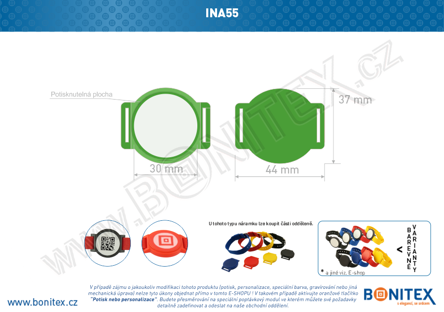 Samostatné tělo s čipem pro náramek INA55, s RFID 125 kHz, zelený/bílý střed-botinex