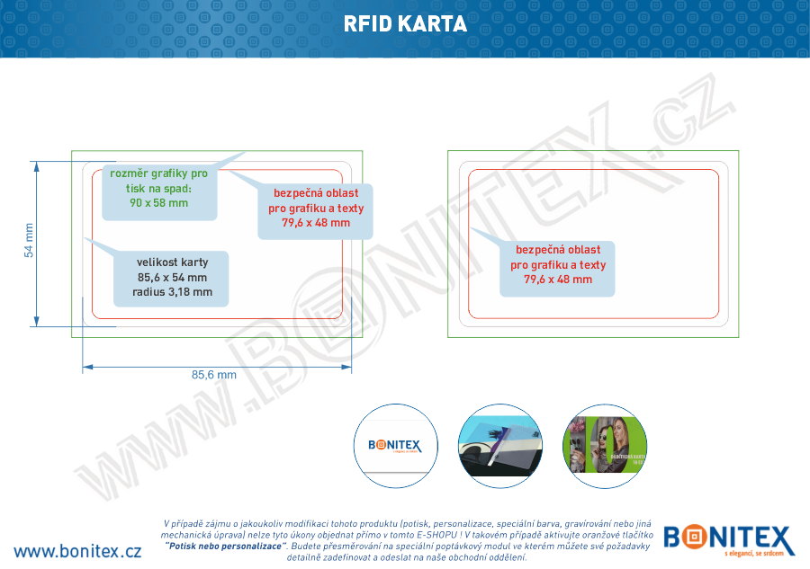 Plastová karta PVC, rozměr ISO, tl. 0,82mm s RFID 13,56 MHz, lesklá laminace, bílá-botinex