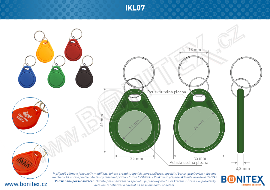ABS klíčenka 40x32, tl. 4,2mm s RFID 125 kHz, tmavá zelená-botinex