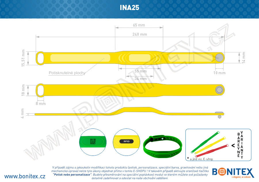 Silikonový náramek 242x13/17, kovový knoflík, s RFID 13,56 MHz, žlutý-botinex