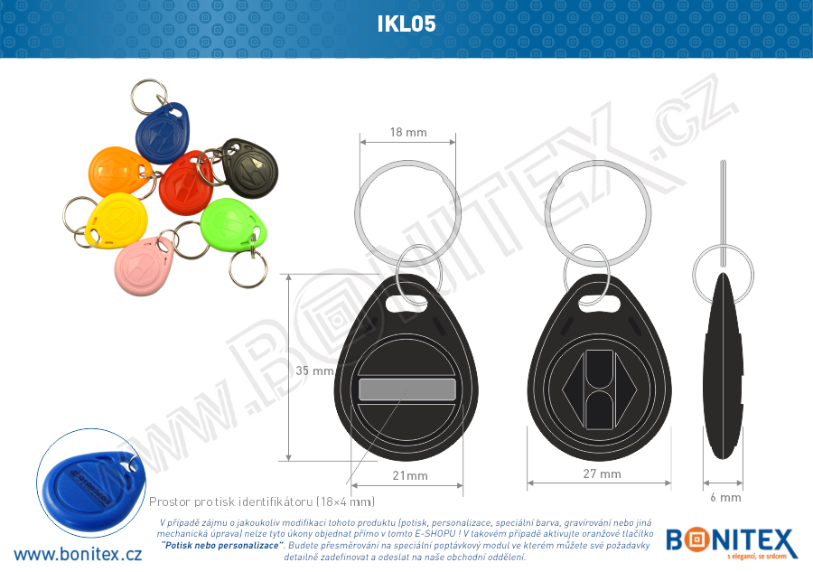 Klíčenka-ABS-35x28-tl.6mm-s RFID-125 kHz-černá+UID DEC-5B-botinex