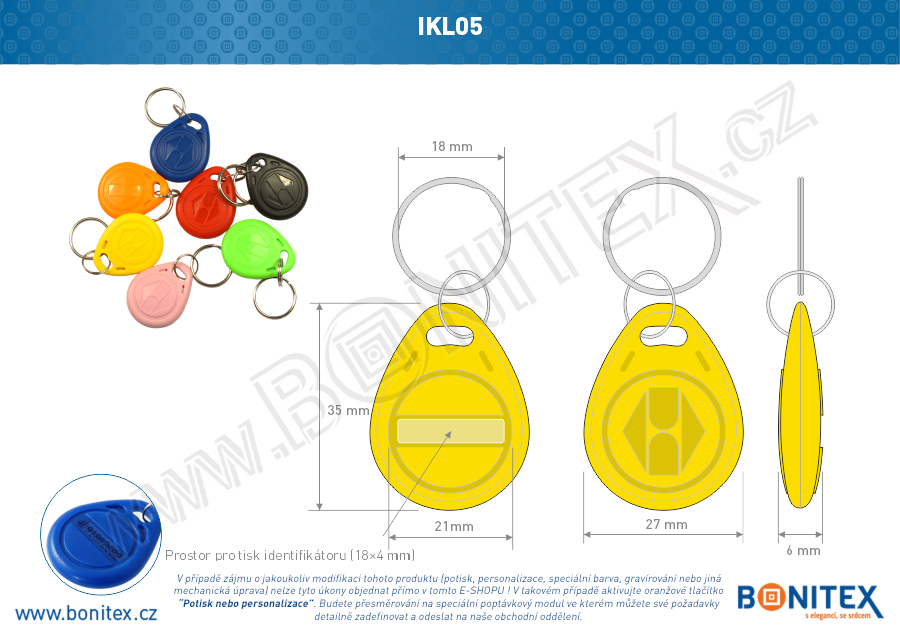 Klíčenka-ABS-35x28-tl.6mm-s RFID-125 kHz-žlutá+UID DEC-5B-botinex