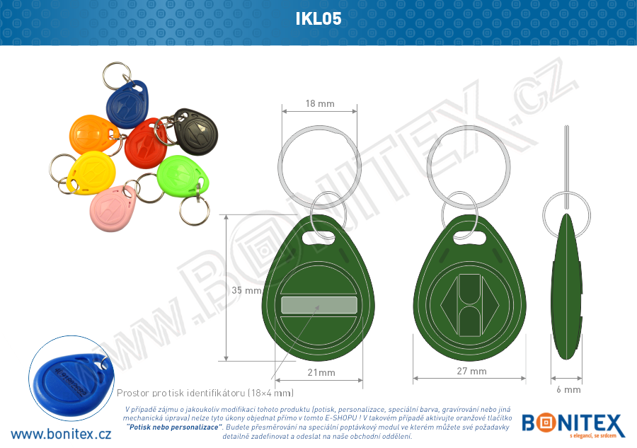 ABS klíčenka 35x28, tl. 6mm s RFID 125 kHz, tmavá zelená+UID DEC-5B-botinex