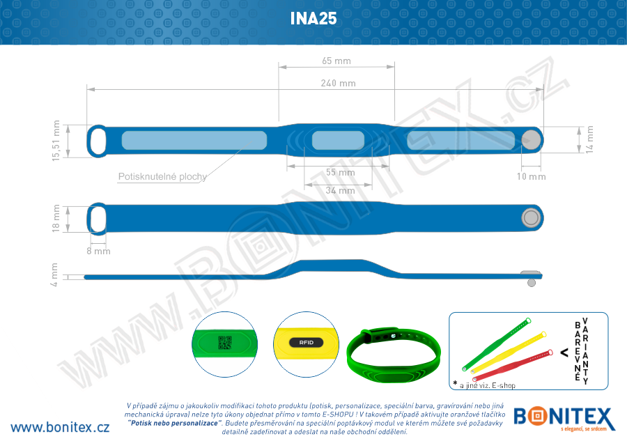 Silikonový náramek 242x13/17mm, kovový knoflík, s RFID 13,56 MHz, modrý-botinex